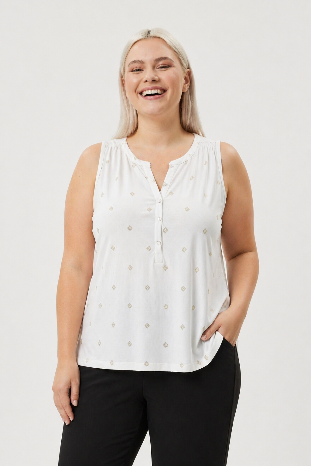 Bedruckte ärmellose Bluse mit Knöpfen