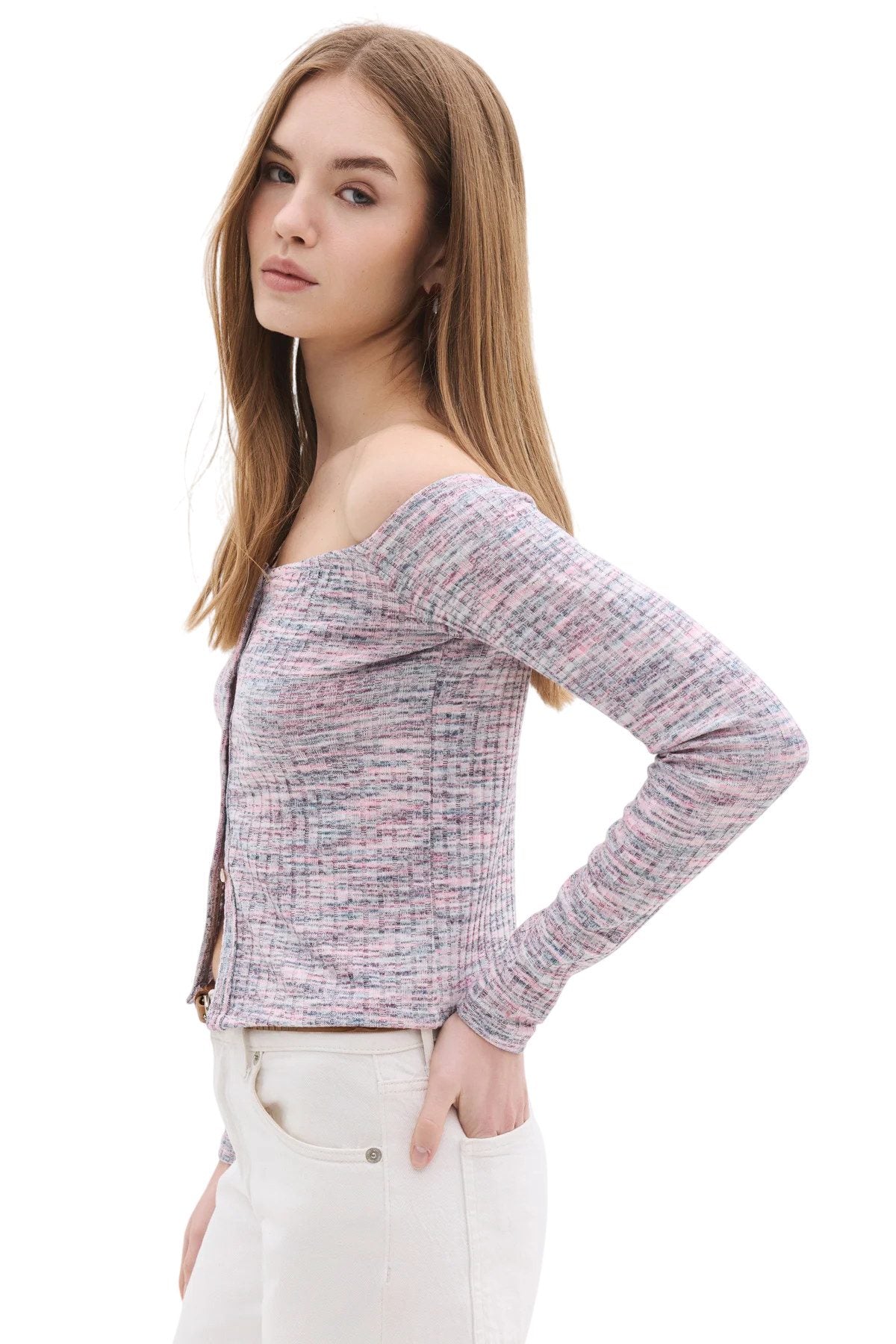 Bluse mit U-Boot-Ausschnitt und Knopfleiste