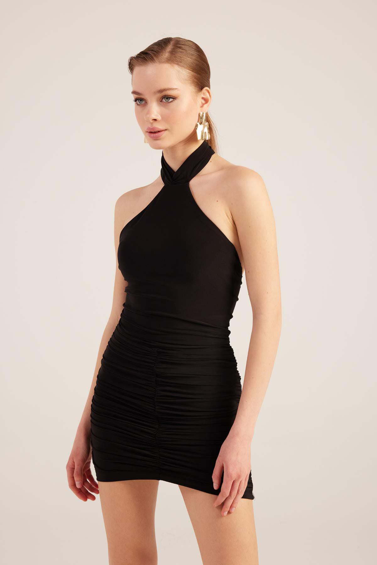 Halterneck Mini-Kleid mit Raffung