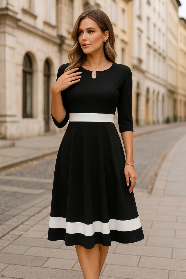 JANE'S Damen Kurzarm Offener Kragen Blockfarbe Crepe Midi Kleid