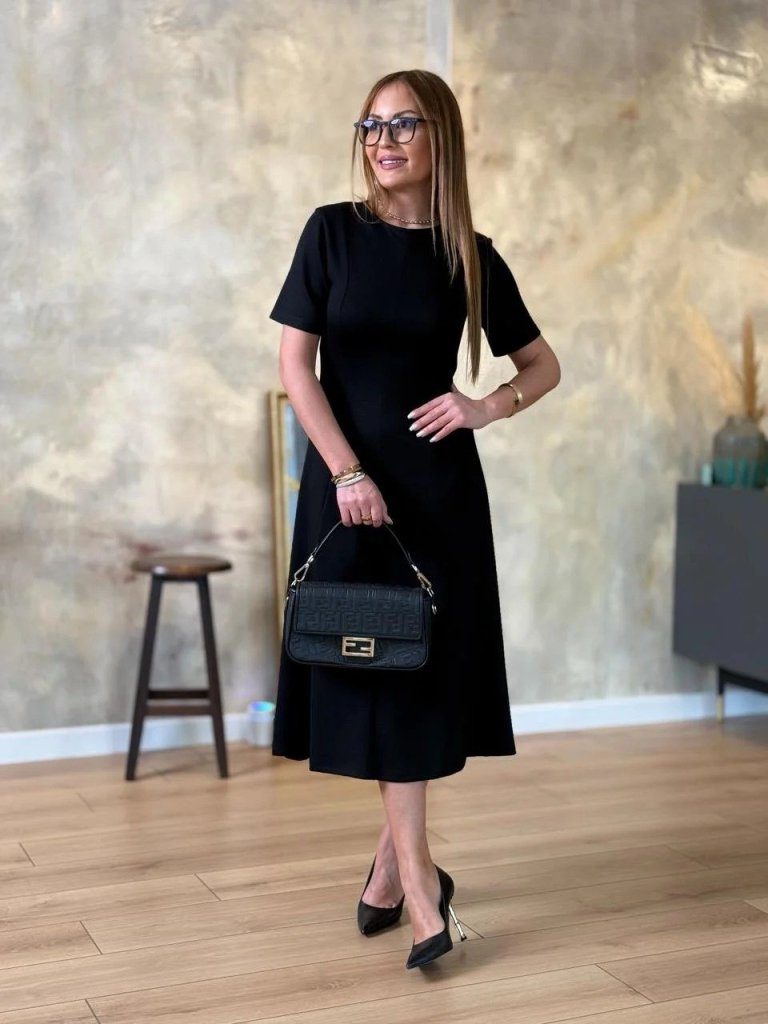 Damen Kurzarm Fahrrad Hals Midi Viskose Kleid