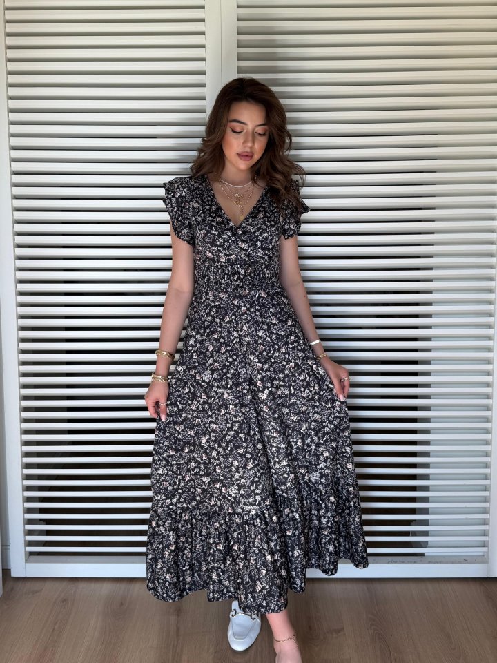 JANE'S Damen Kurzarm Doppelreiher Elastische Taille Blumenmuster Kleid