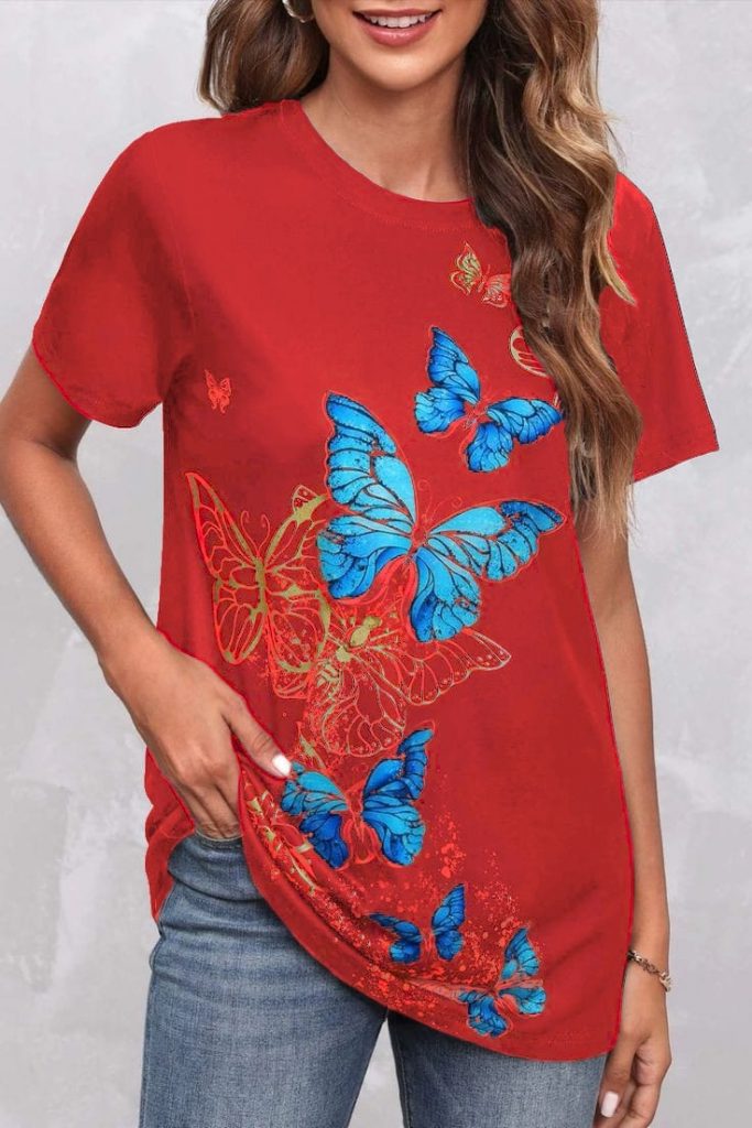 Damen Kurzarm Schmetterlingsdruck Bluse