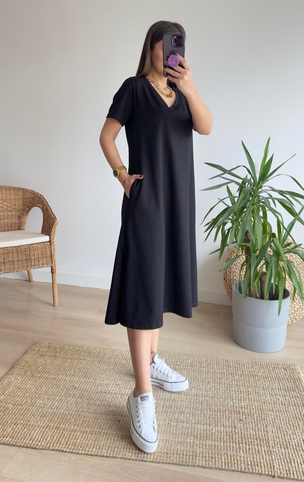 JANE'S Damen Kurzarm V-Ausschnitt Tasche A-Linie Detail Viskose Kleid