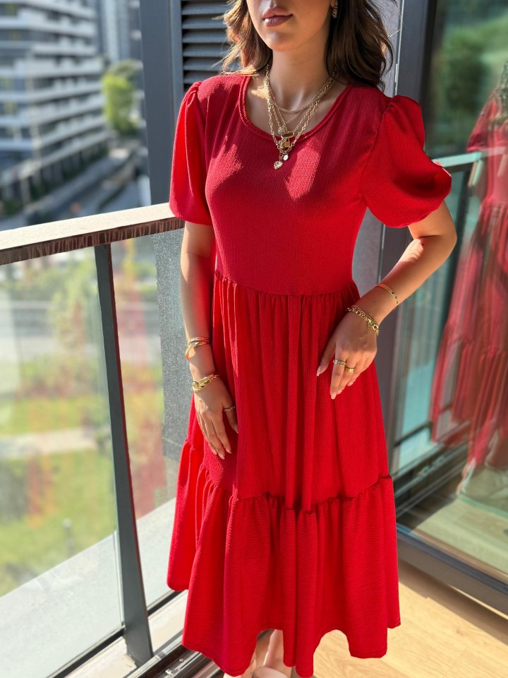 JANE'S Damen Kurzarm Offener Kragen Lagen Krepp Ballon Kleid