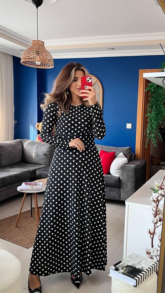 JANE'S Damen Kreppstoff Langarm Maxi Polka Dot Kleid 132 cm
