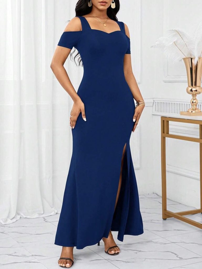 Damen Off-Shoulder Kleid aus importiertem Krepp mit Schlitz