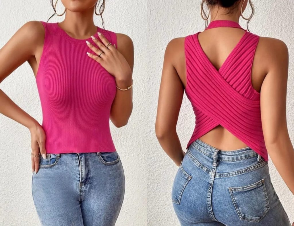JANE'S Damen Null Ärmel Rücken Kreuz Detail Strickbluse