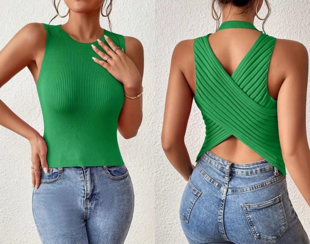 JANE'S Damen Null Ärmel Rücken Kreuz Detail Strickbluse