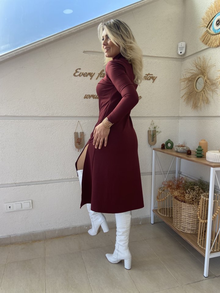 JANE'S Damen Langarm Rollkragen Tiefer Schlitz Detail Krepp Kleid