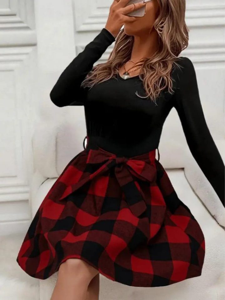 JANE'S Damen Langarm Rundhals Top Viskose Unterteil Karo Kurzes Kleid