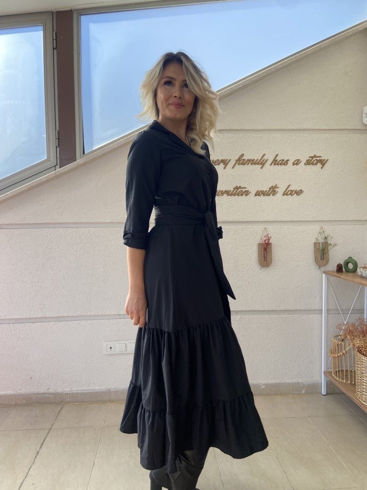 JANE'S Damen Langarm Rüschen Taillengürtel Strickkleid Maxi Hemd Kleid