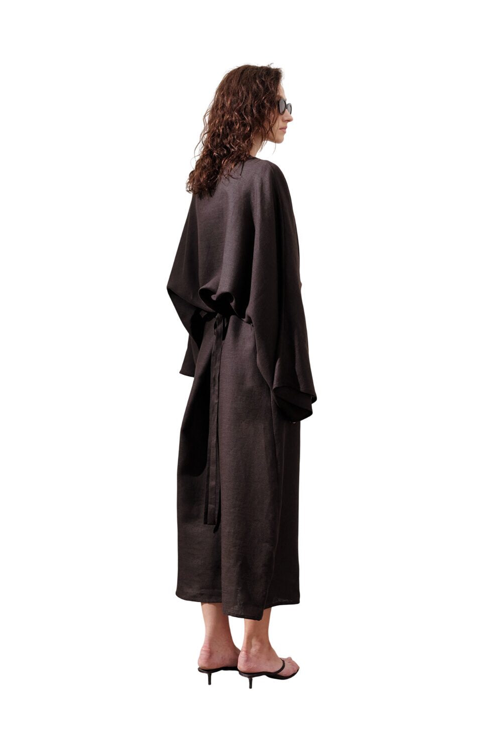 Leinenkleid mit breitem Bindeband, schwarz