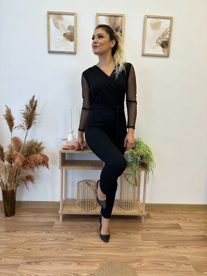JANE'S Crepe Stoff Ärmel Tüll Punkt Detail Gürtel Jumpsuit 141 cm