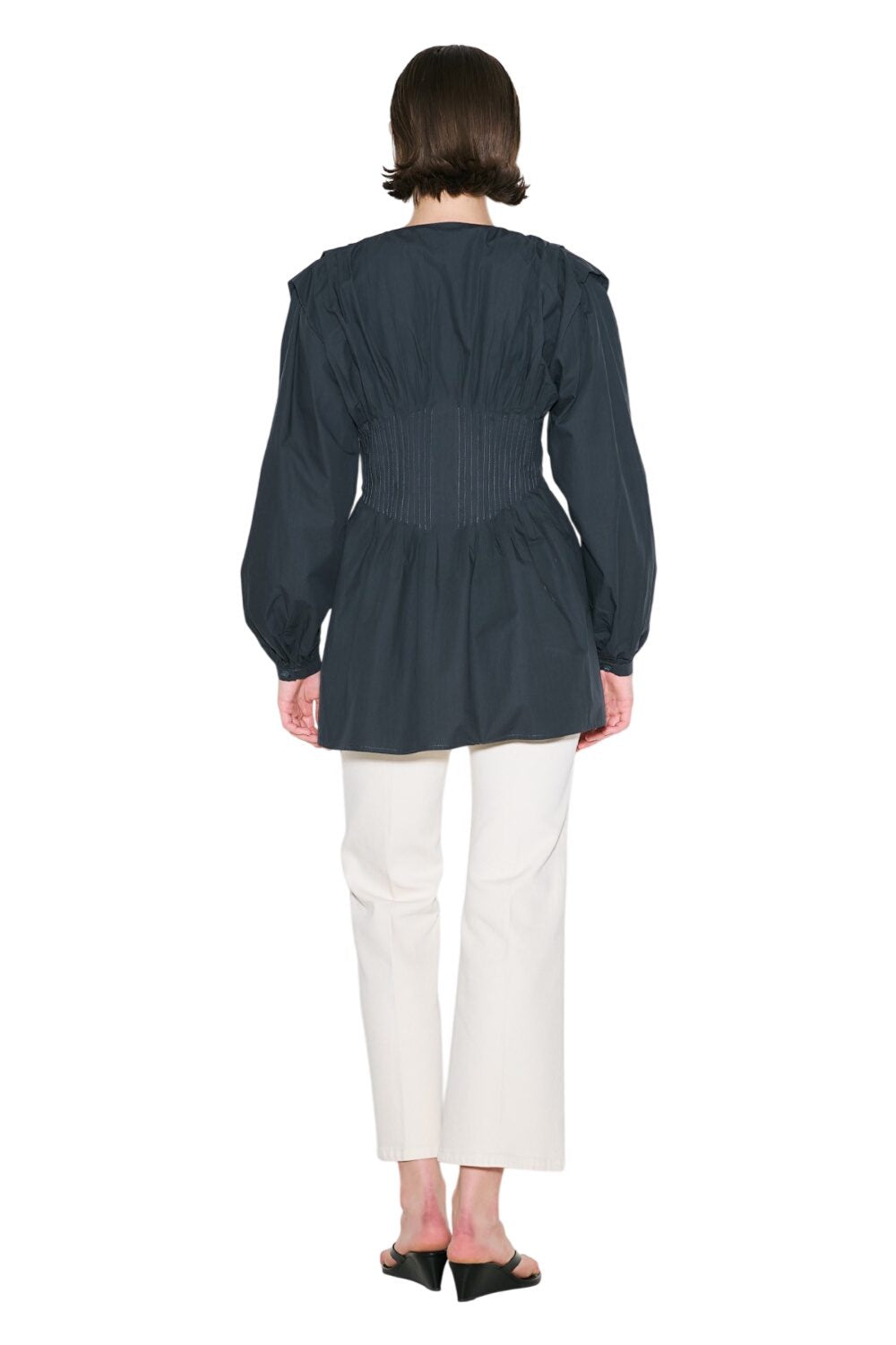 LANGÄRMLIGE BLUSE MIT FINISTELEIZEN IN DER TAILLE, ECRU