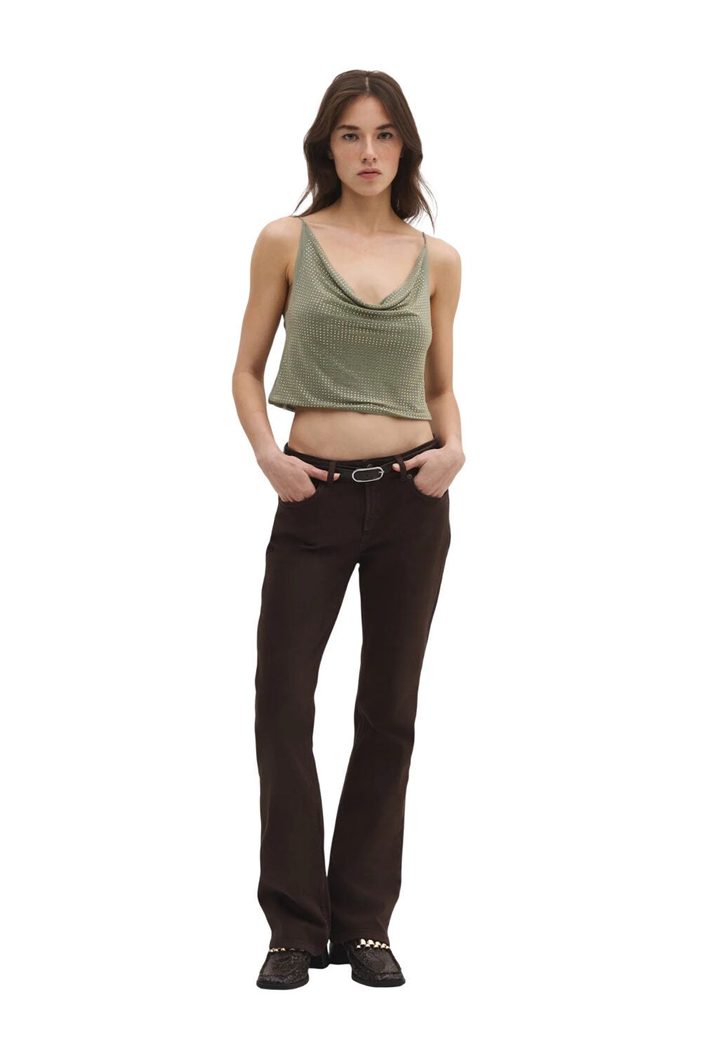 Top-Body mit tiefem Ausschnitt und Steinverzierungen