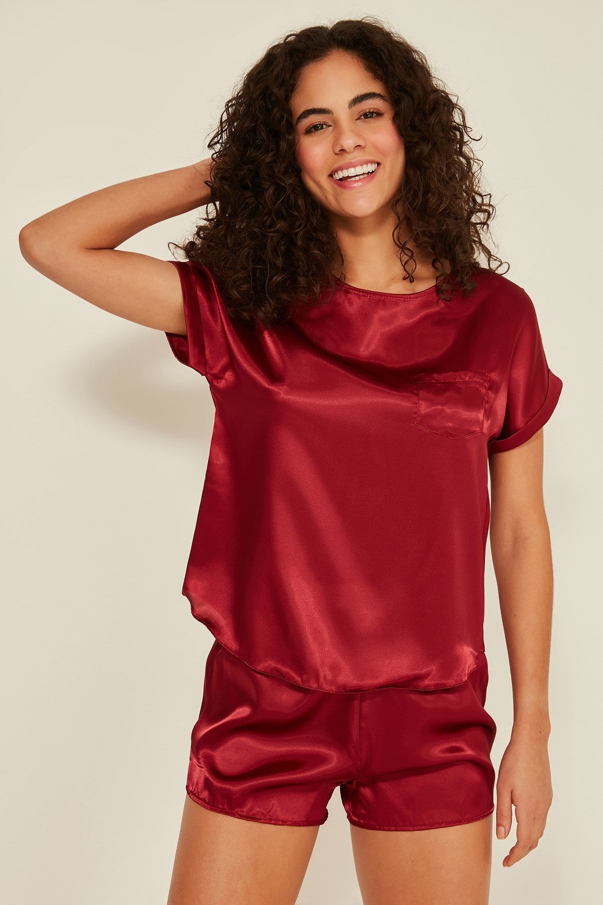 Damen Satin T-Shirt Shorts Set