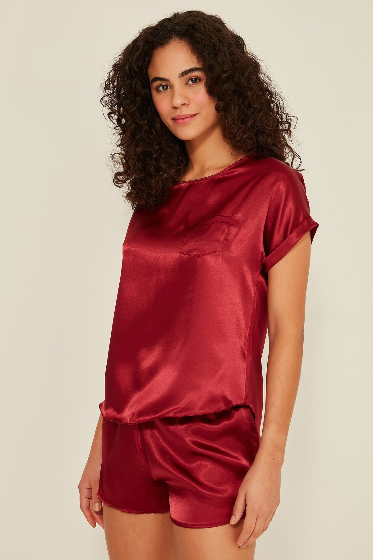 Damen Satin T-Shirt Shorts Set