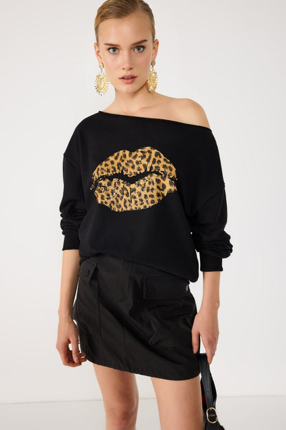 Sweatshirt mit Leopardenmuster und Lippenprint