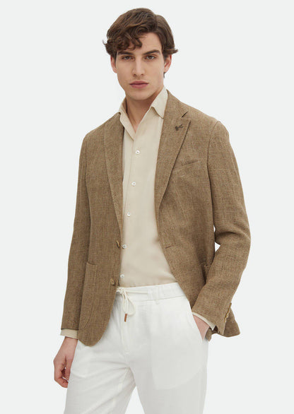 Gemusterte Hemdjacke mit Schulterpartie, schmale Passform, 100 % Leinen