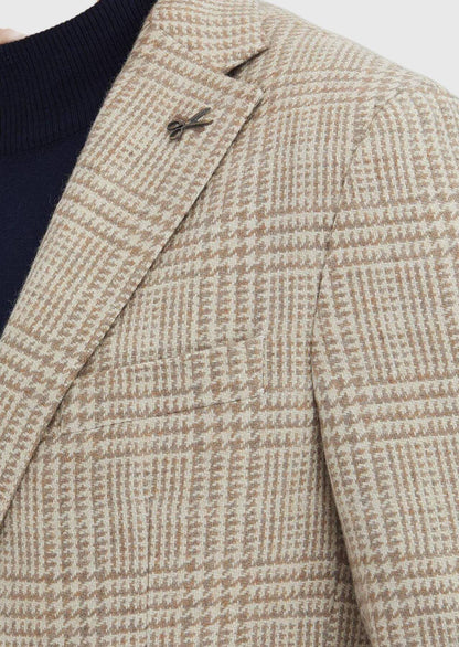 Beige karierte Hemdjacke aus Wollmischgewebe mit schmaler Passform und Schulterpartie
