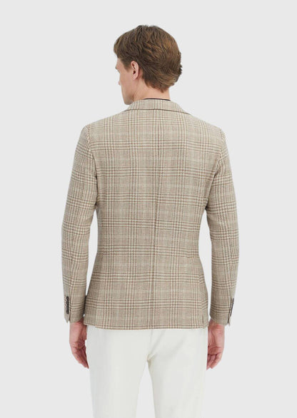 Beige karierte Hemdjacke aus Wollmischgewebe mit schmaler Passform und Schulterpartie