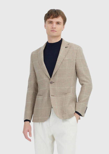 Beige karierte Hemdjacke aus Wollmischgewebe mit schmaler Passform und Schulterpartie