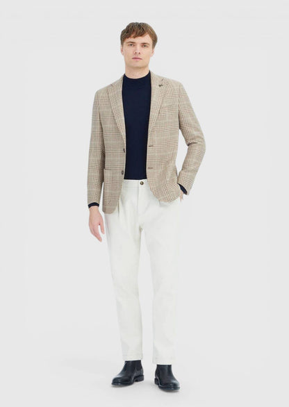 Beige karierte Hemdjacke aus Wollmischgewebe mit schmaler Passform und Schulterpartie