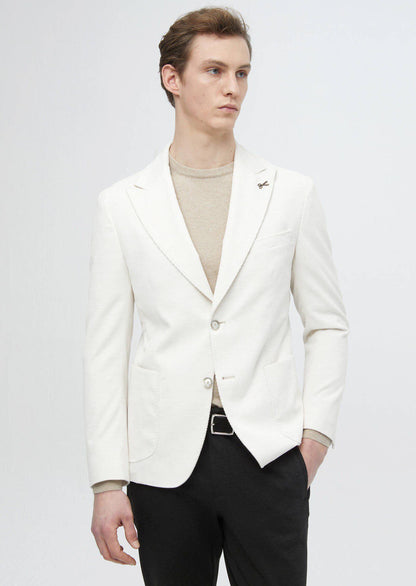 Ecrufarbene, gerippte Hemdjacke mit schmaler Passform und Schulterpartie aus 100 % Baumwolle