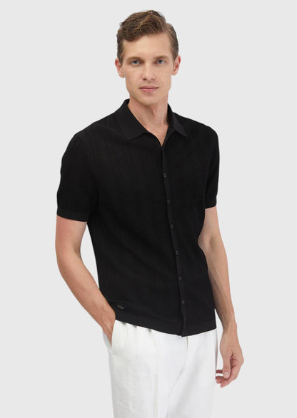 Schwarzer Jacquard-Cardigan mit Polokragen