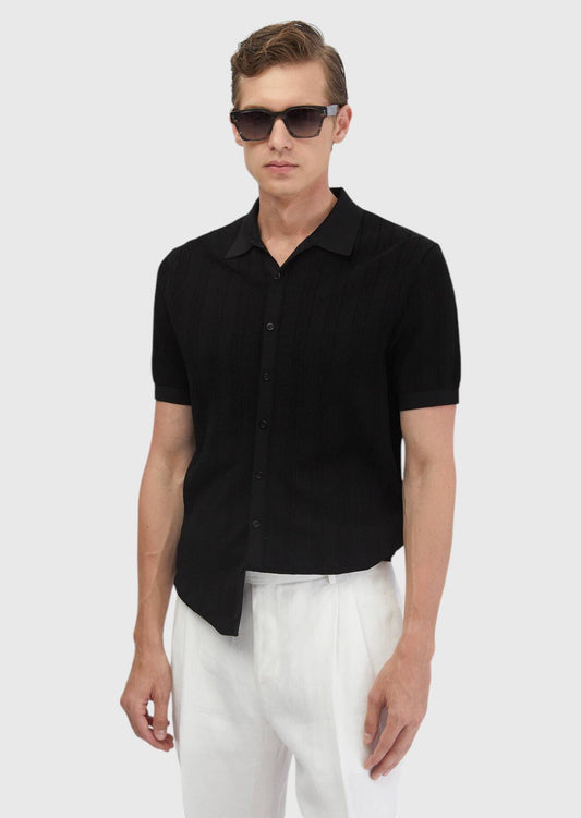Schwarzer Jacquard-Cardigan mit Polokragen