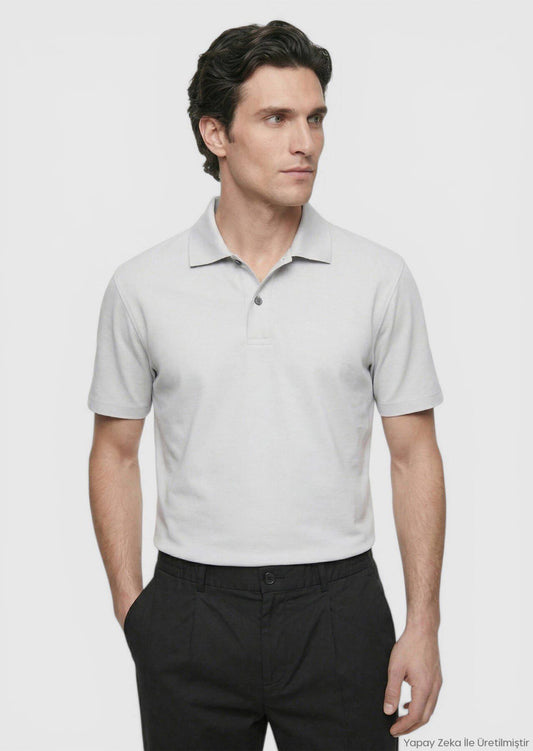 Hellgraues, einfarbiges Polo-Shirt aus 100 % Baumwolle