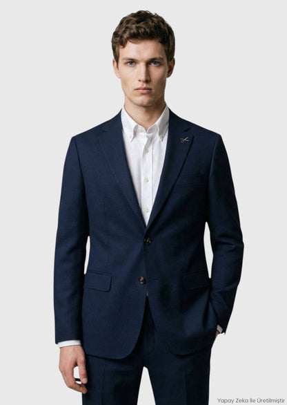 Marineblaue, schlichte Hemdjacke mit schmaler Passform und Schulterpartie aus 100 % Wolle