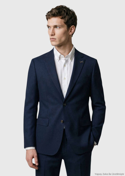 Marineblaue, schlichte Hemdjacke mit schmaler Passform und Schulterpartie aus 100 % Wolle