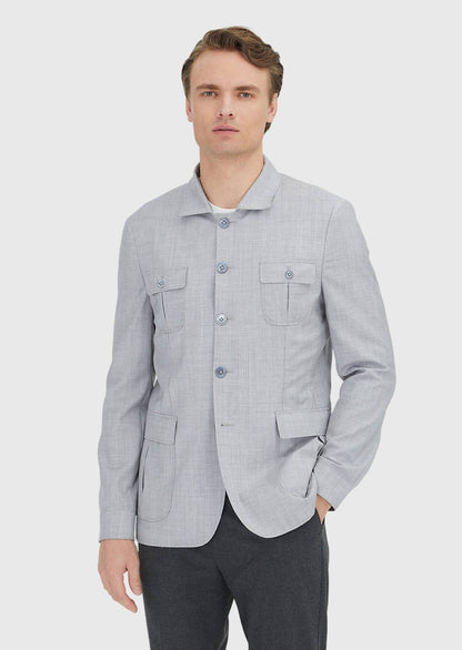 Hellgraue, einfarbige Hemdjacke mit schmaler Passform und Schulterpartie aus 100 % Wolle