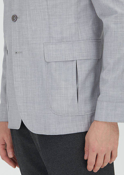 Hellgraue, einfarbige Hemdjacke mit schmaler Passform und Schulterpartie aus 100 % Wolle