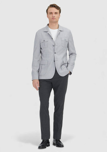 Hellgraue, einfarbige Hemdjacke mit schmaler Passform und Schulterpartie aus 100 % Wolle