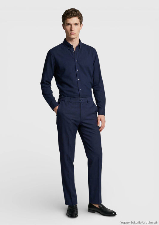 Marineblaue, bequeme Passform, klassische Hose aus 100 % Wolle
