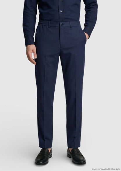 Marineblaue, bequeme Passform, klassische Hose aus 100 % Wolle