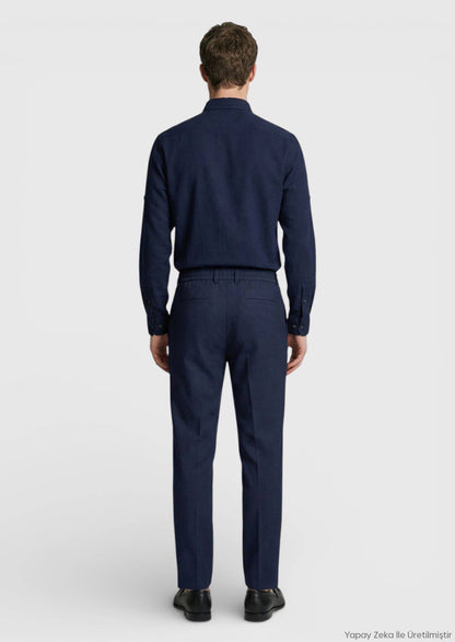 Marineblaue, bequeme Passform, klassische Hose aus 100 % Wolle