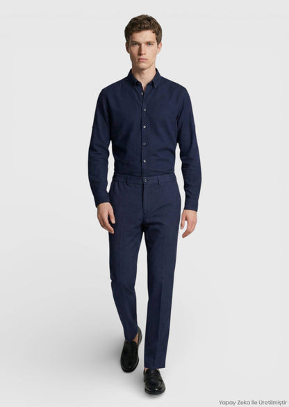 Marineblaue, bequeme Passform, klassische Hose aus 100 % Wolle