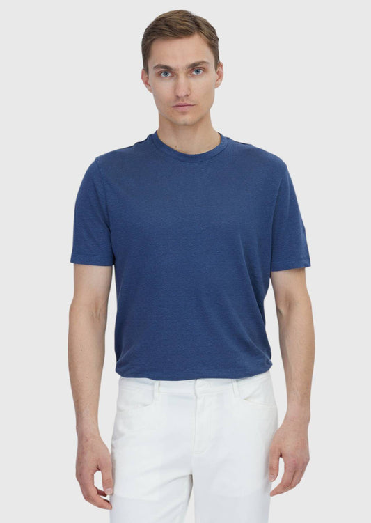 Indigofarbenes T-Shirt mit Rundhalsausschnitt aus 100 % Leinen