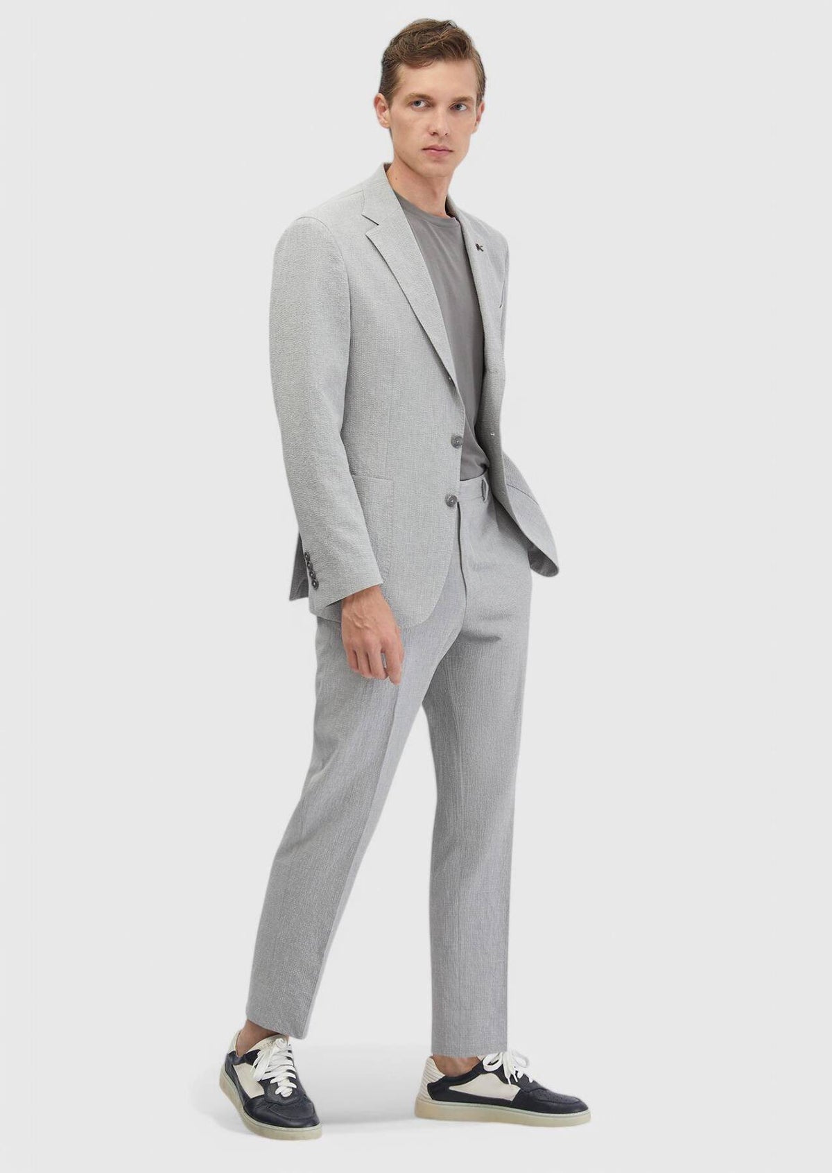 Hellgrauer gemusterter ZeroWeight Slim Fit Anzug aus Baumwollmischgewebe