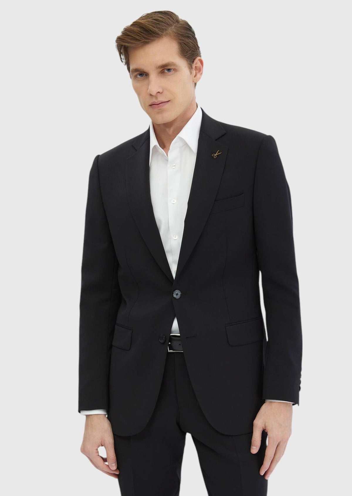 Schlichter, dünner und langer Slim-Fit-Anzug aus 100 % Wolle