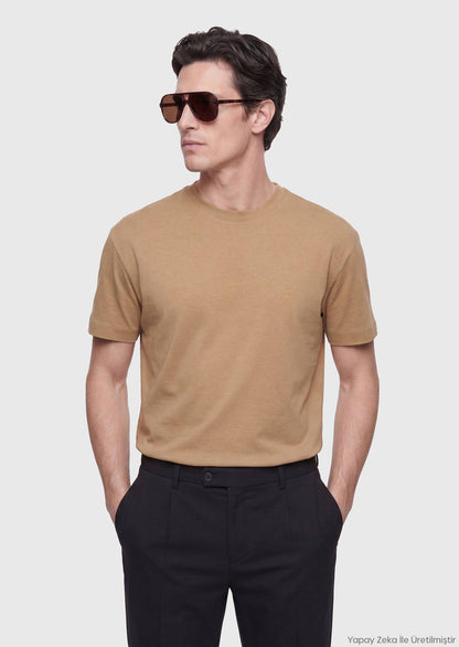 Olivenfarbiges Rundhals T-Shirt 100% Baumwolle