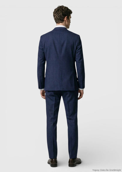 Marineblau Karierter Zeroweight Anzug 100% Wolle