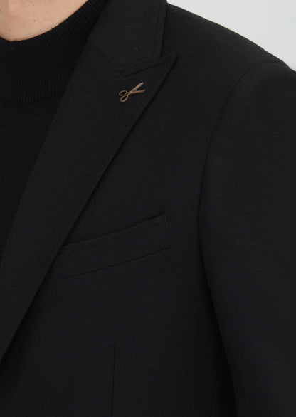 Schwarze, schmal geschnittene Jacke aus Wollmischgewebe mit Hemdkragen