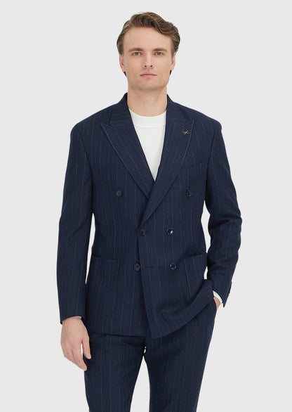 Marineblaue, gestreifte Jacke mit schmaler Passform und Schulterpartie aus Wollmischgewebe