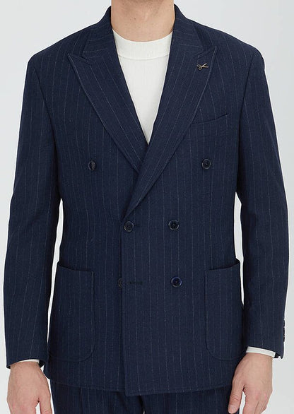 Marineblaue, gestreifte Jacke mit schmaler Passform und Schulterpartie aus Wollmischgewebe