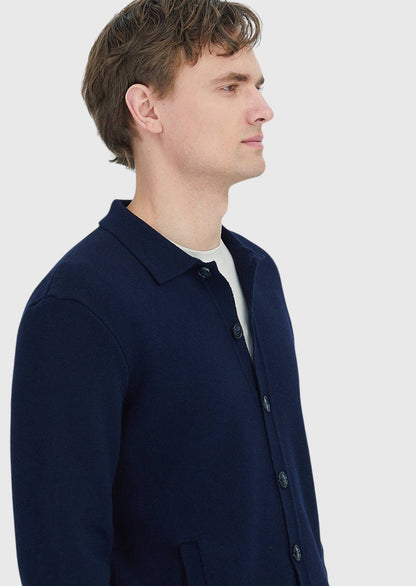 Marineblaue Strickjacke mit Rollkragen aus Wollmischung